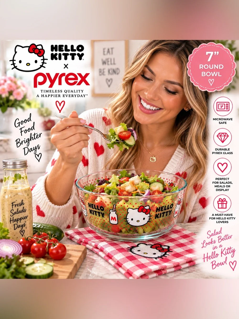 Hello Kitty Pyrex Clear Glass Bowl with Red and Pink Accents